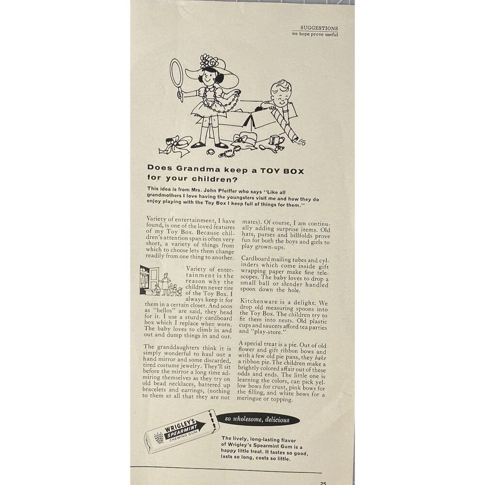 Wrigley's Spearmint Chewing Gum "Toy Box for Your Children" Vintage Print Ad '66